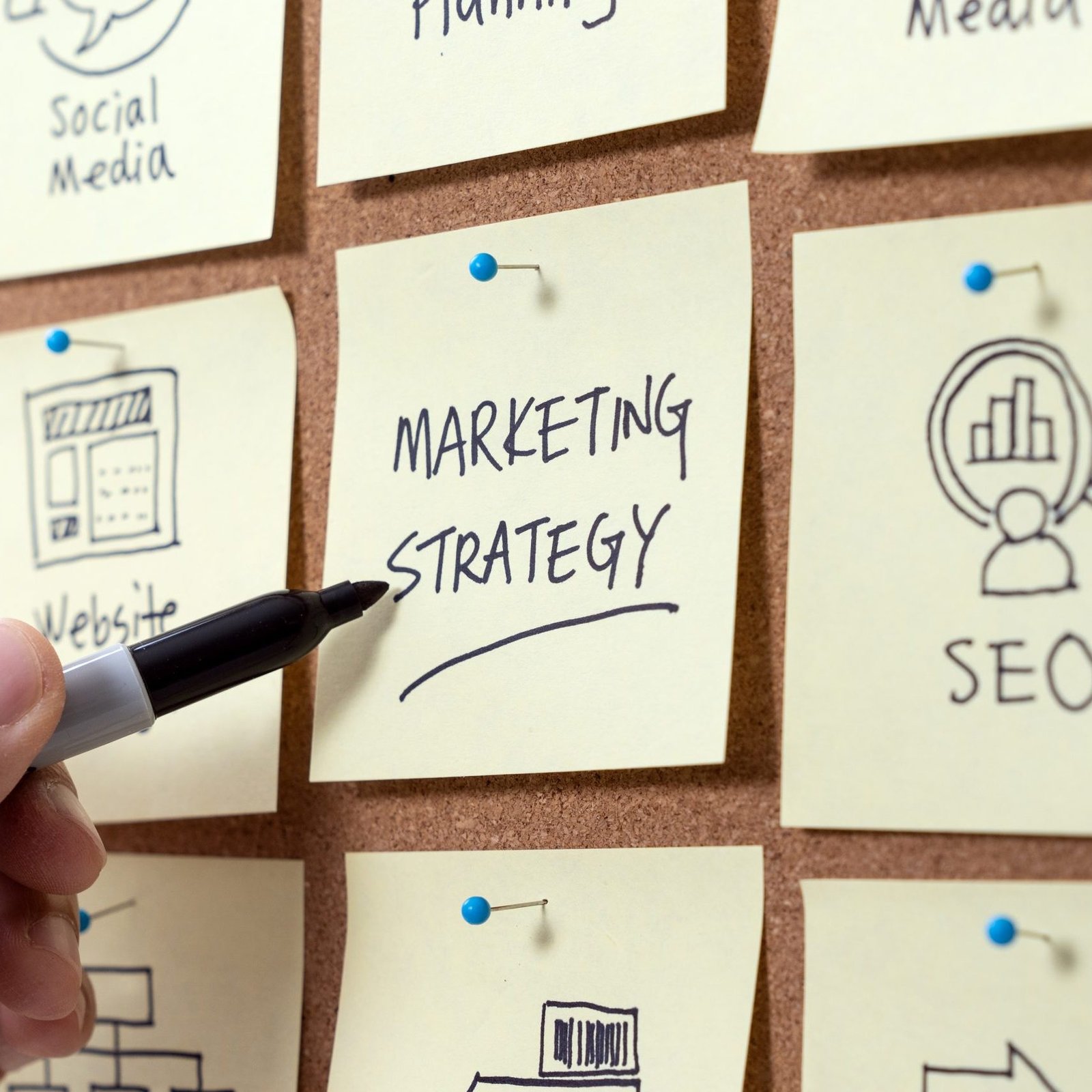 Marketing strategy planning with keywords and icons for business success concept